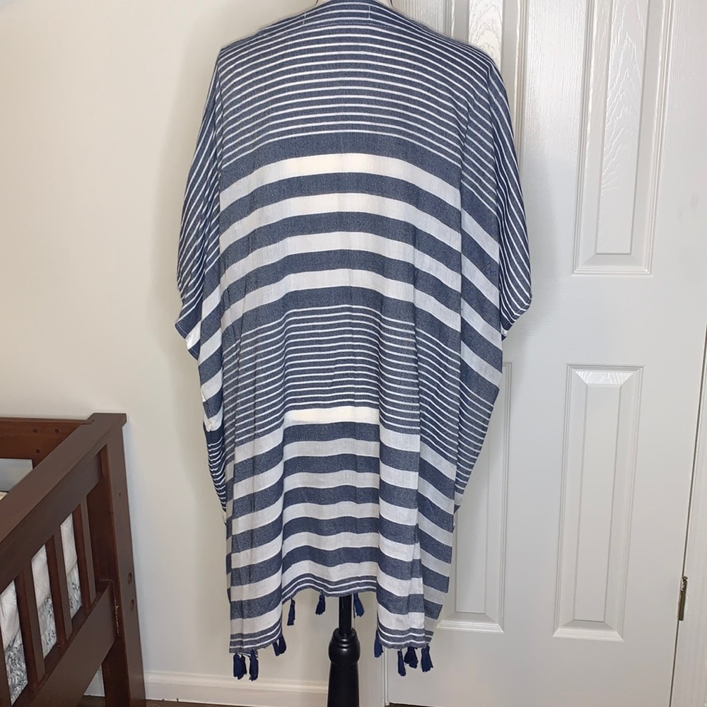 LOFT Navy and White Striped Open Front Kimono Cardigan - Picture 2 of 4